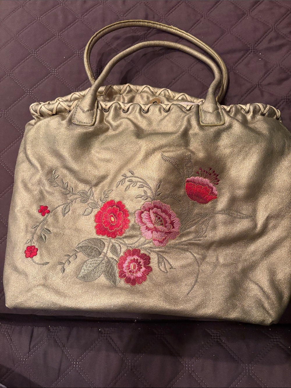 Metallic Gold Floral Embroidered Tote Bag - Women